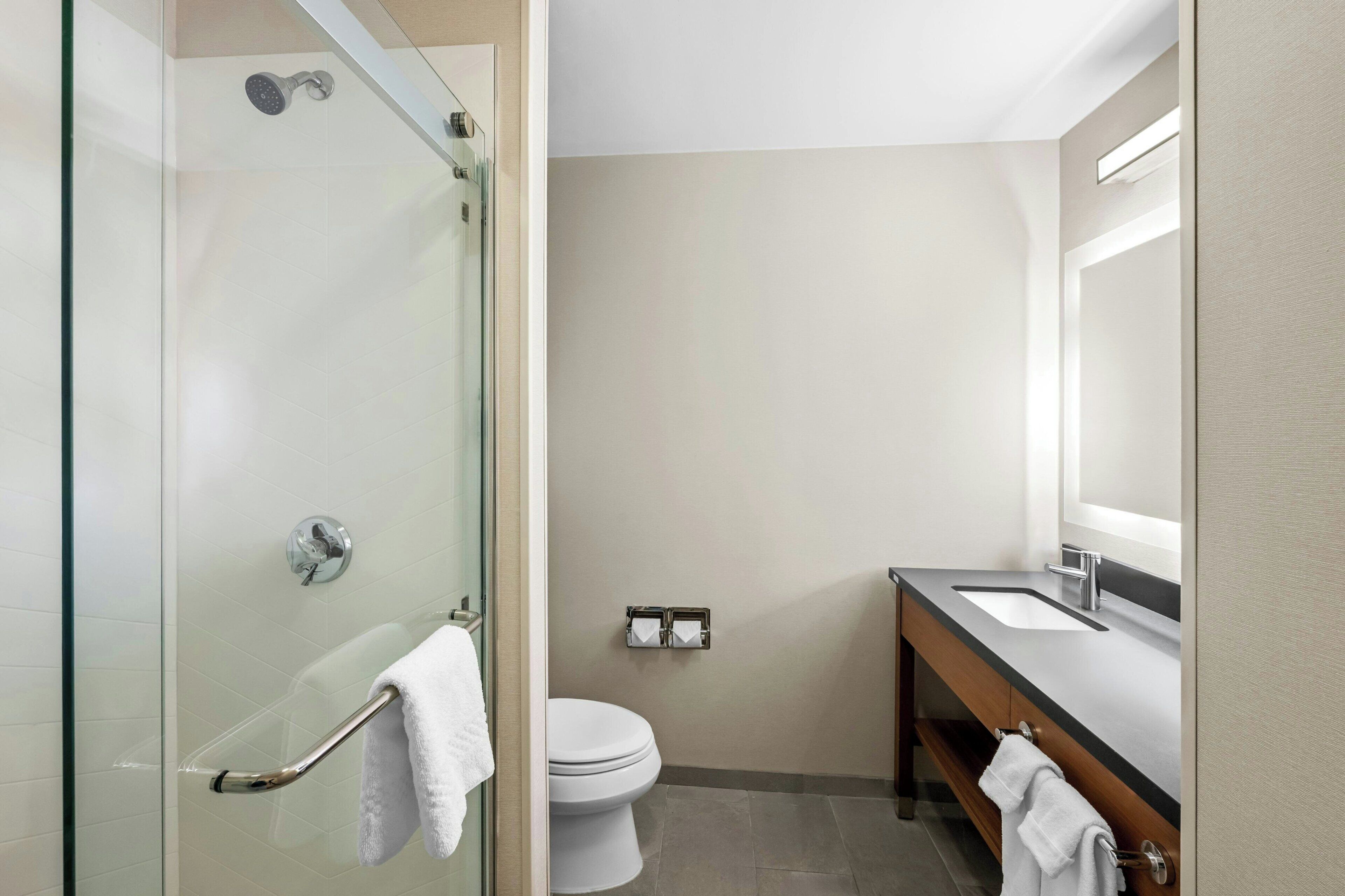 Combined shower/tub, free toiletries, hair dryer, towels