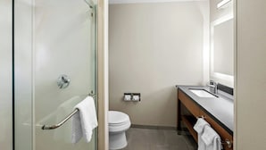 Baño con cabina de ducha de vidrio, inodoro y tocador con espejo.
