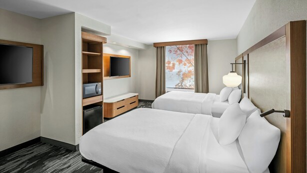 A hotel room with two beds, a TV, a desk with a microwave, and a window with a view. - Fairfield Inn & Suites by Marriott Portsmouth Exeter (Exeter)