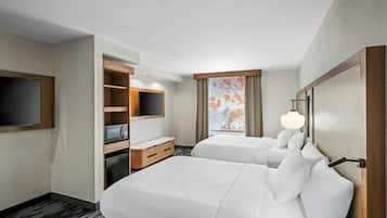 Room, 2 Queen Beds | Desk, laptop workspace, blackout drapes, iron/ironing board