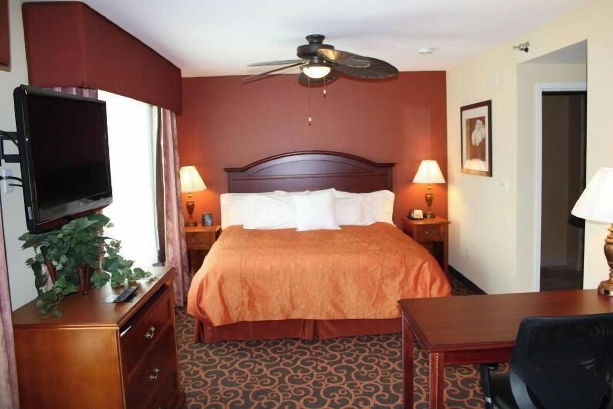 A hotel room with a bed, a television, a desk, a chair, a ceiling fan, and two bedside lamps.