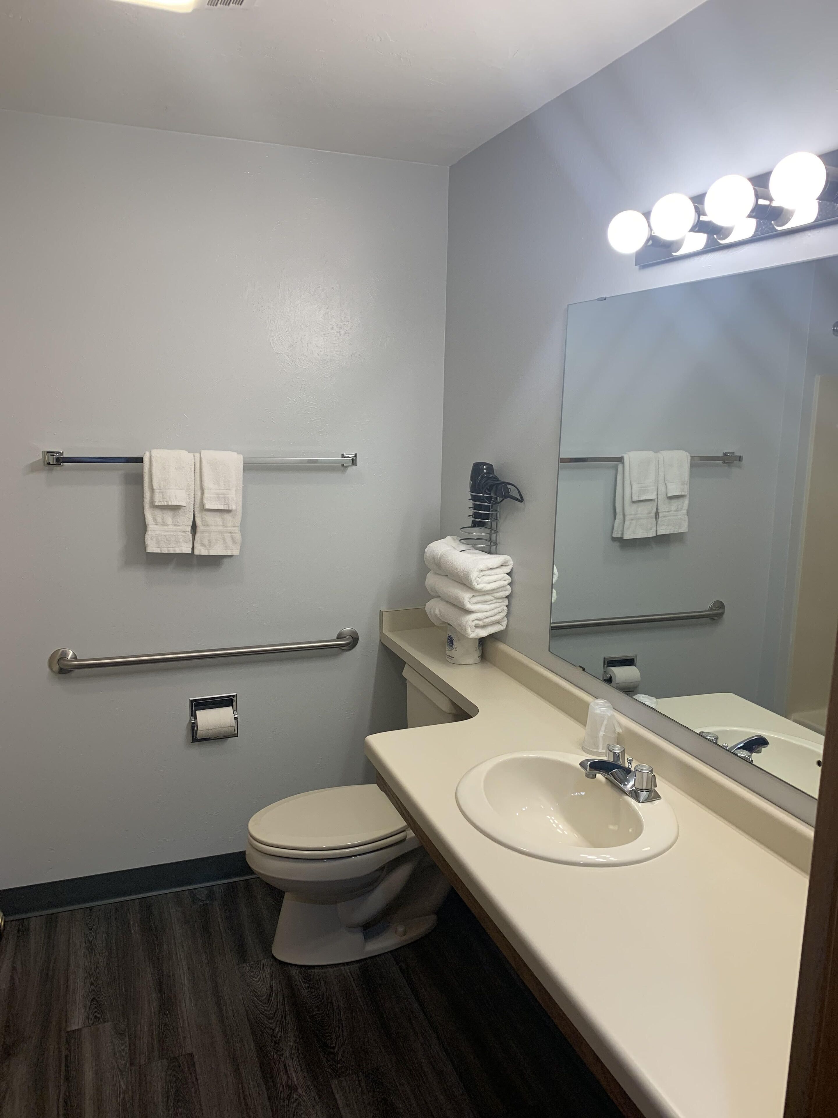 Une salle de bain avec des toilettes, un lavabo et un miroir. Des serviettes sont suspendues à des porte-serviettes et une barre d’appui est fixée au mur.