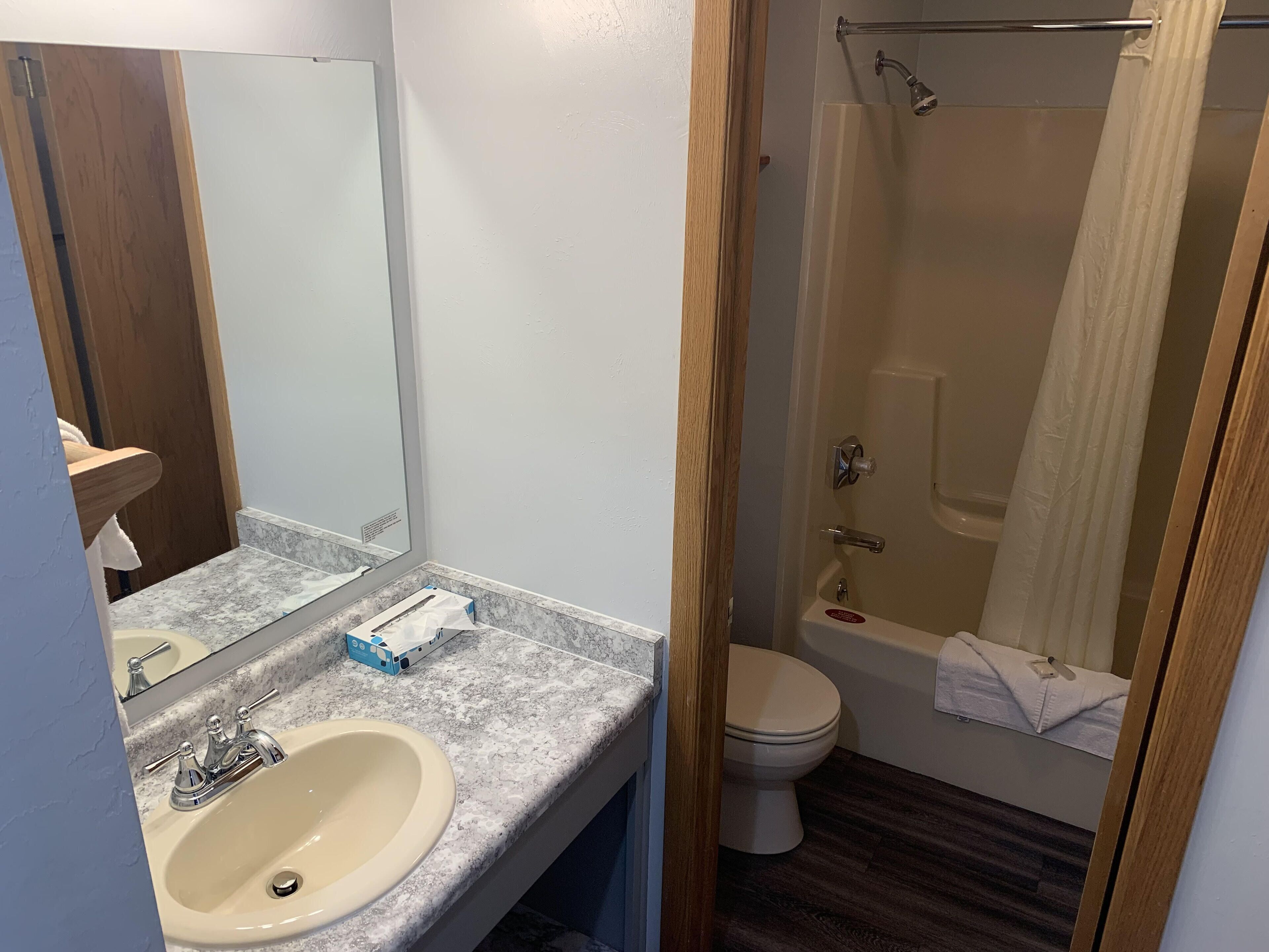 A bathroom with a sink, mirror, toilet, and shower.