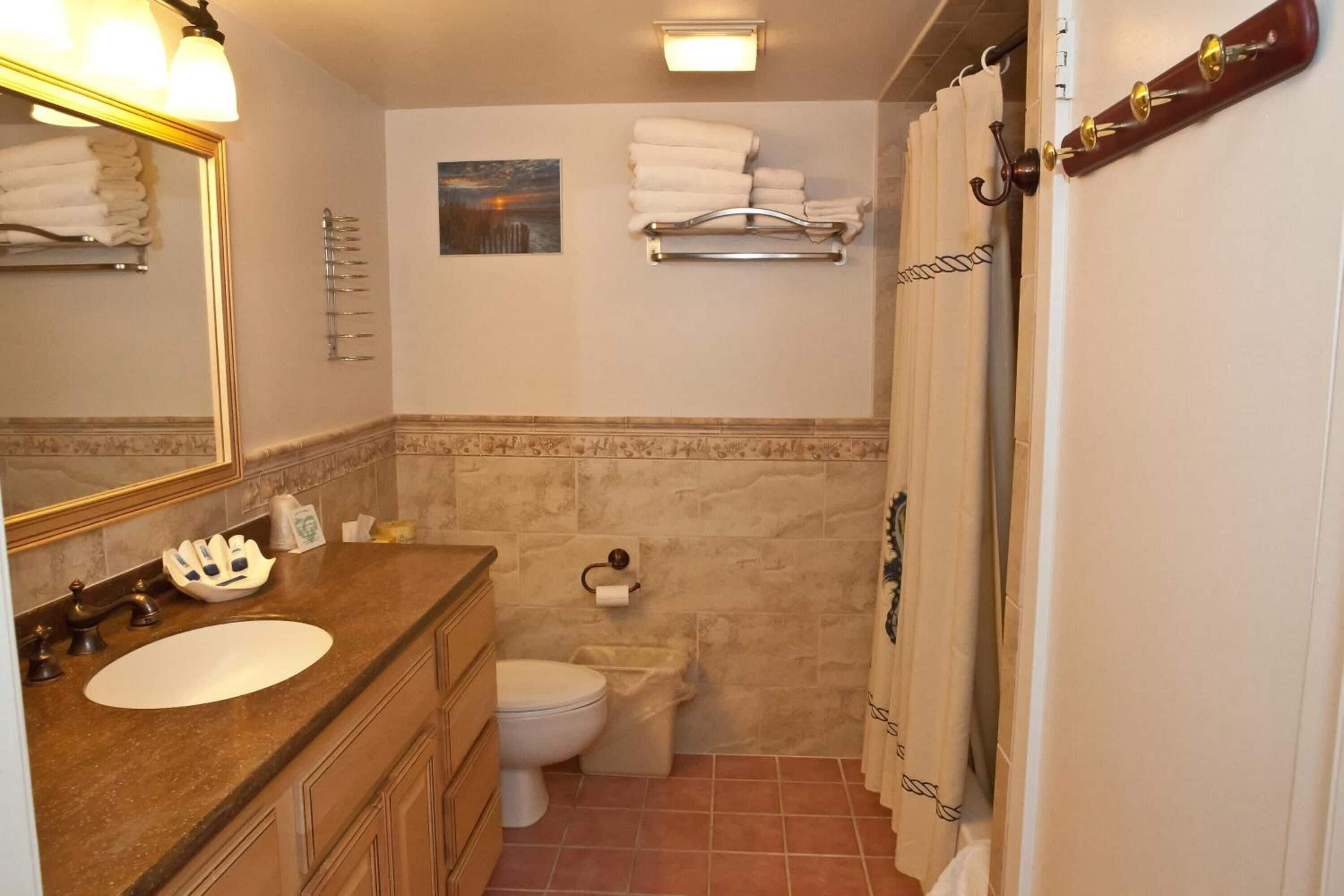 Une salle de bain avec un comptoir en marbre, un lavabo, des toilettes et un rideau de douche.