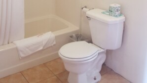 A bathroom with a toilet, a shower, and a bathtub.