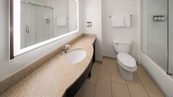 A modern bathroom with a granite countertop sink, a mirror, a toilet, and a glass shower enclosure.