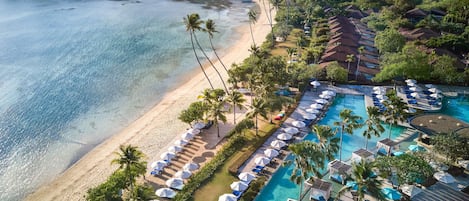 2 outdoor pools, open 7 AM to 7 PM, free pool cabanas, pool umbrellas