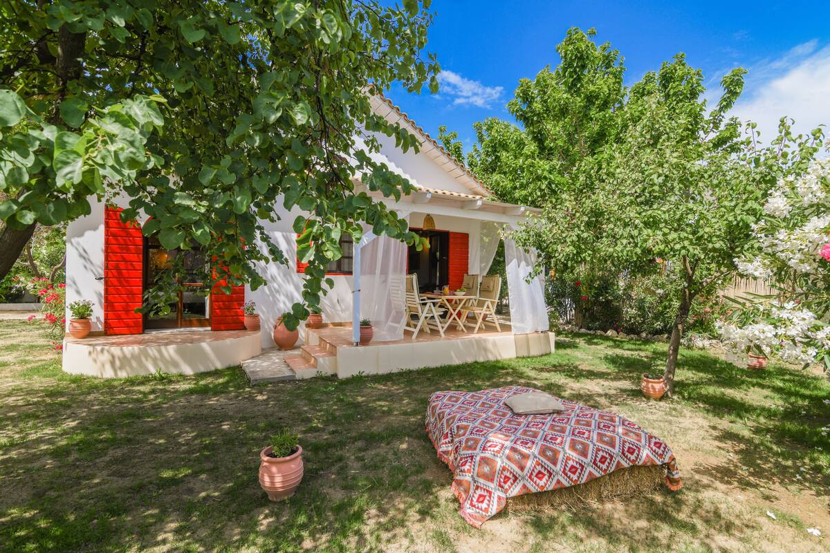 A cozy outdoor seating area with a table and chairs under a tree, a small white building with red shutters, and a patterned cushion on the grass.