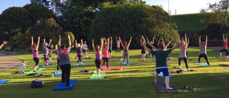 Un grupo de personas practicando yoga sobre esterillas en un entorno al aire libre, con árboles y un cielo despejado.