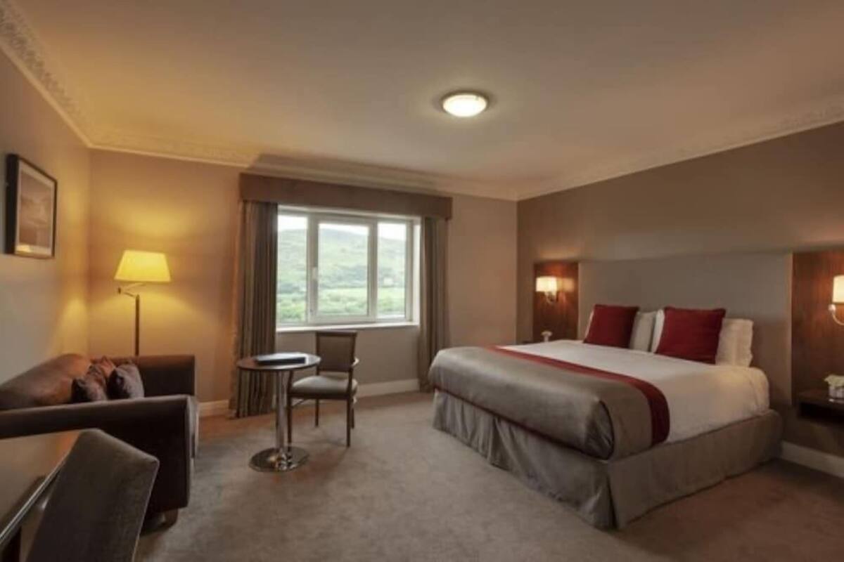 Une chambre d’hôtel avec un lit, un bureau, une chaise, une fenêtre et une lampe.