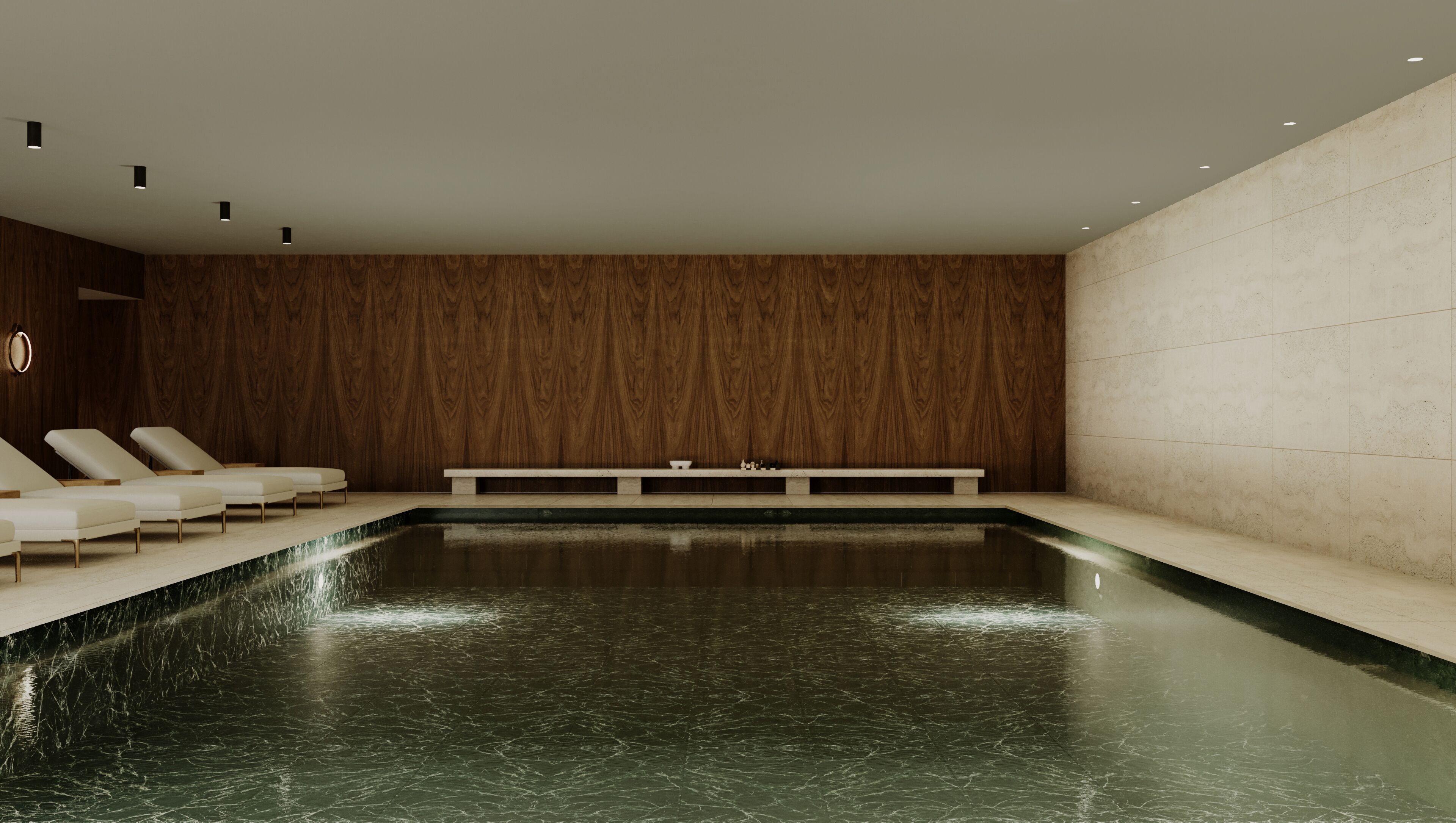 A modern indoor pool with lounge chairs, a wooden wall, and a tiled floor.
