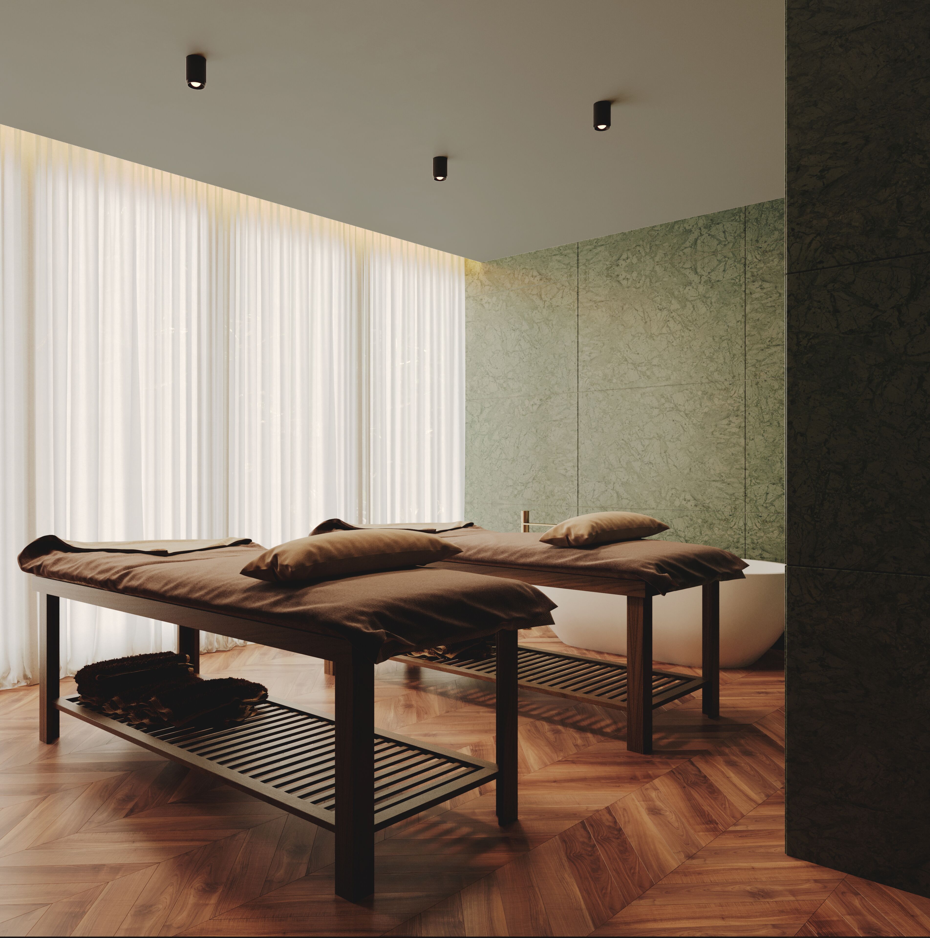 A modern spa room with a massage table, a bathtub, and a large window with sheer curtains.