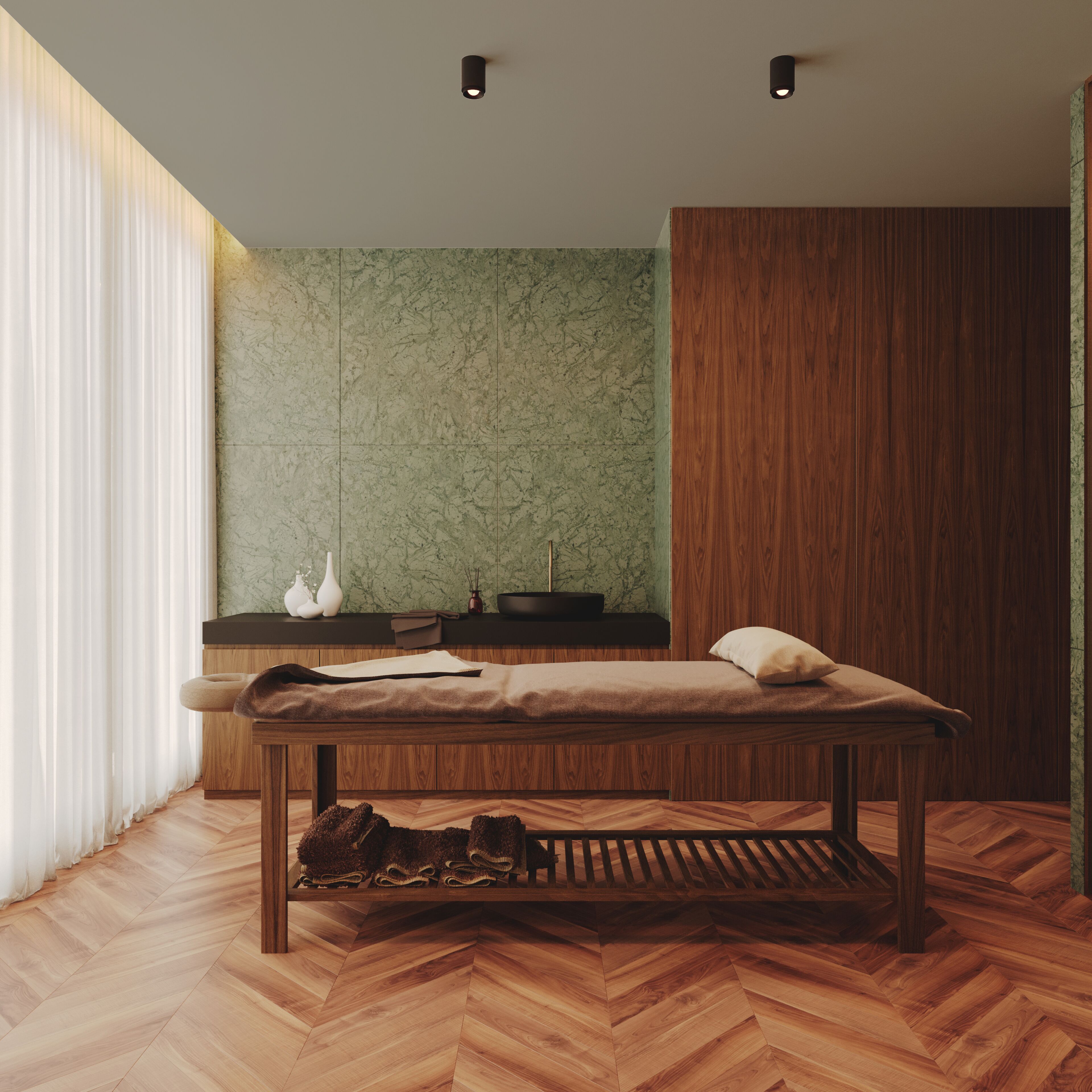 Une pièce moderne avec un banc en bois, un mur en marbre et un panneau en bois.