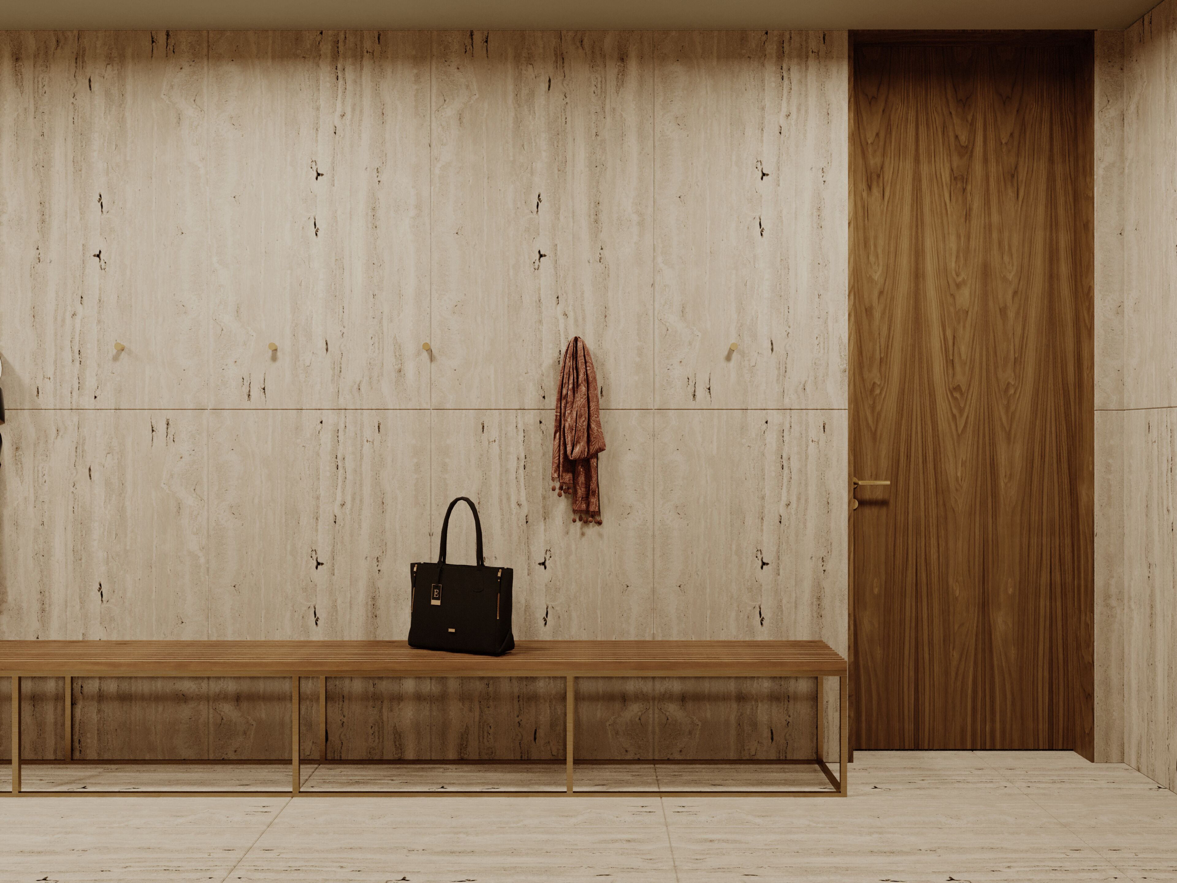 Una panca di legno in una stanza con una porta e un muro di legno.