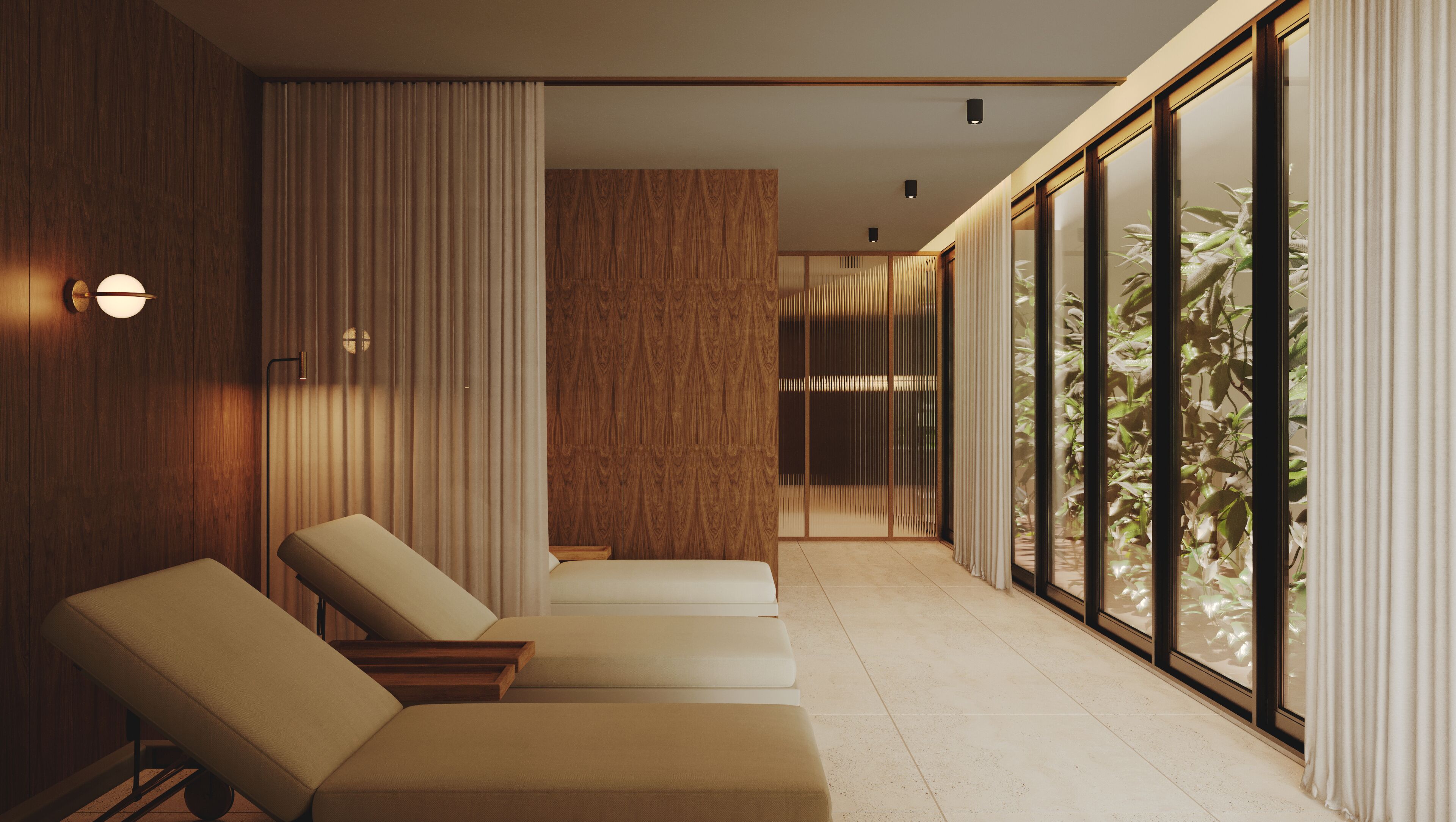A modern hotel room with a long corridor, large sliding doors, and a view of greenery.