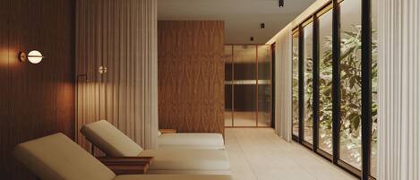 A modern hotel room with a long corridor, large sliding doors, and a view of greenery.