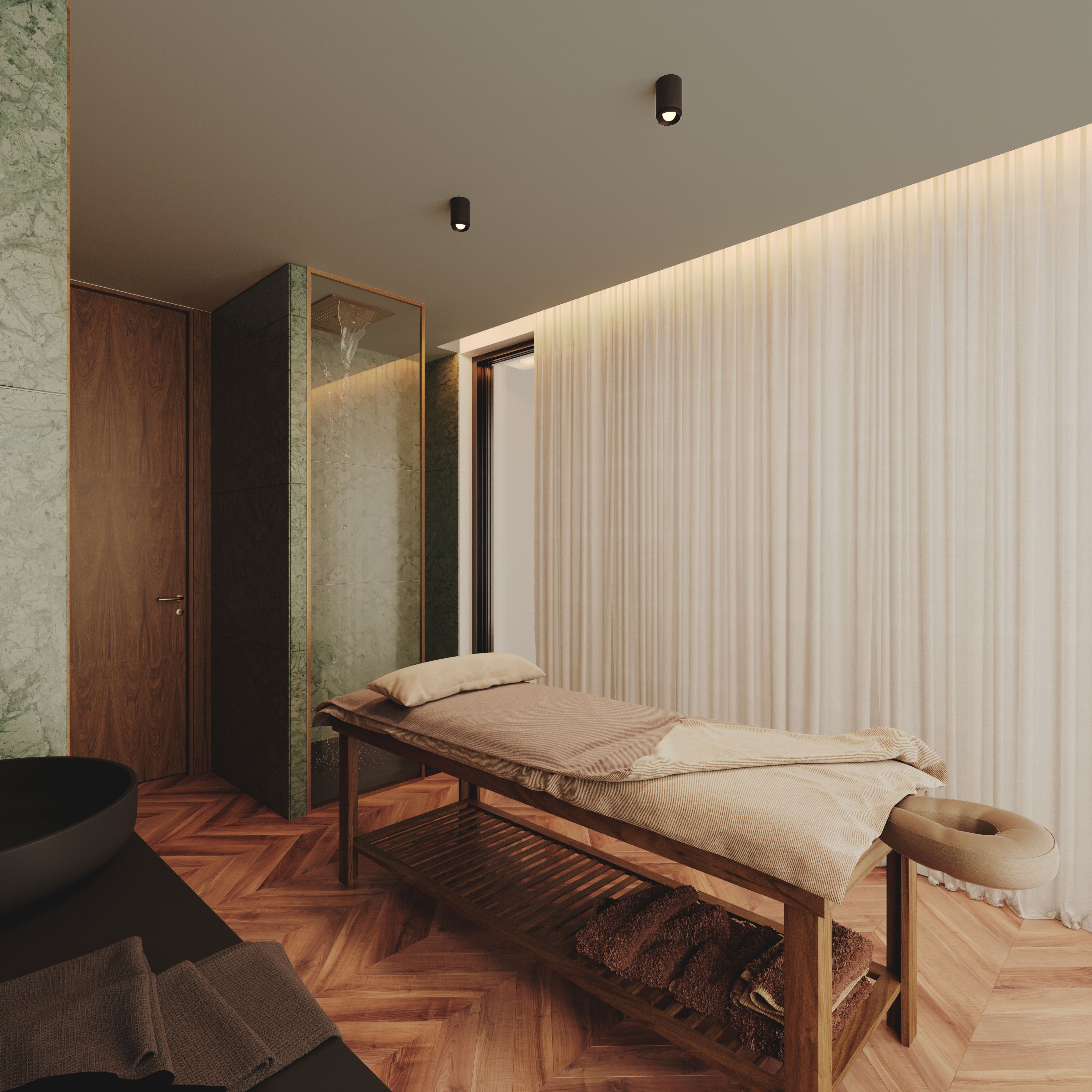 A modern bedroom with a wooden bed, a built-in bench, a wardrobe, and a shower.