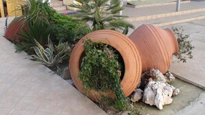 A garden with large terracotta pots containing various plants, including a prominent tree-like plant and some flowering plants. - Hotel Aria (Samos)