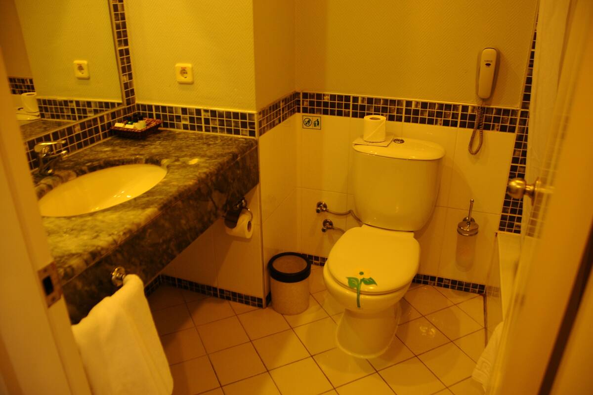 A bathroom with a sink, toilet, and a trash can.