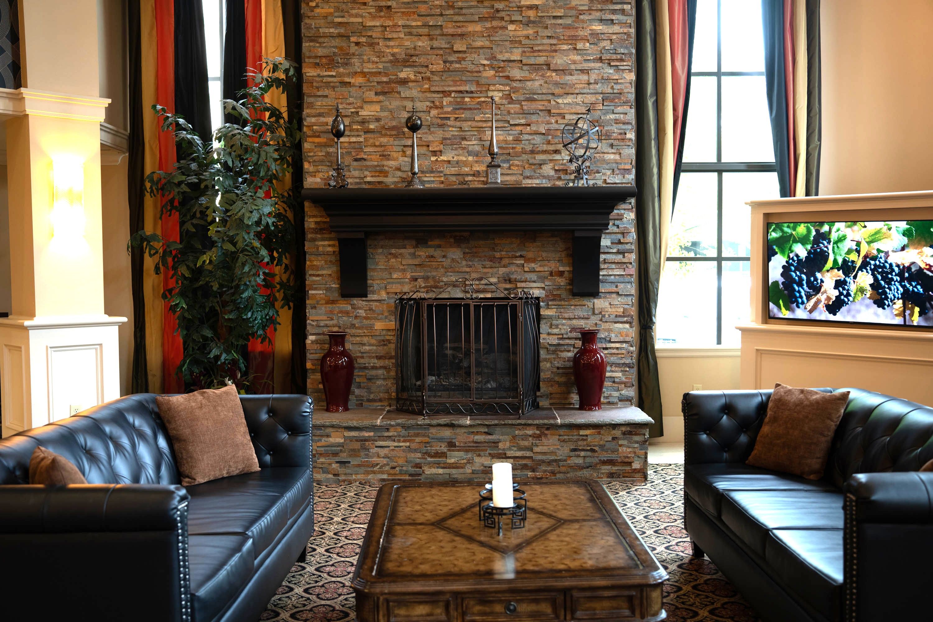 A living room with a stone fireplace, two leather sofas, a coffee table, and a large plant.