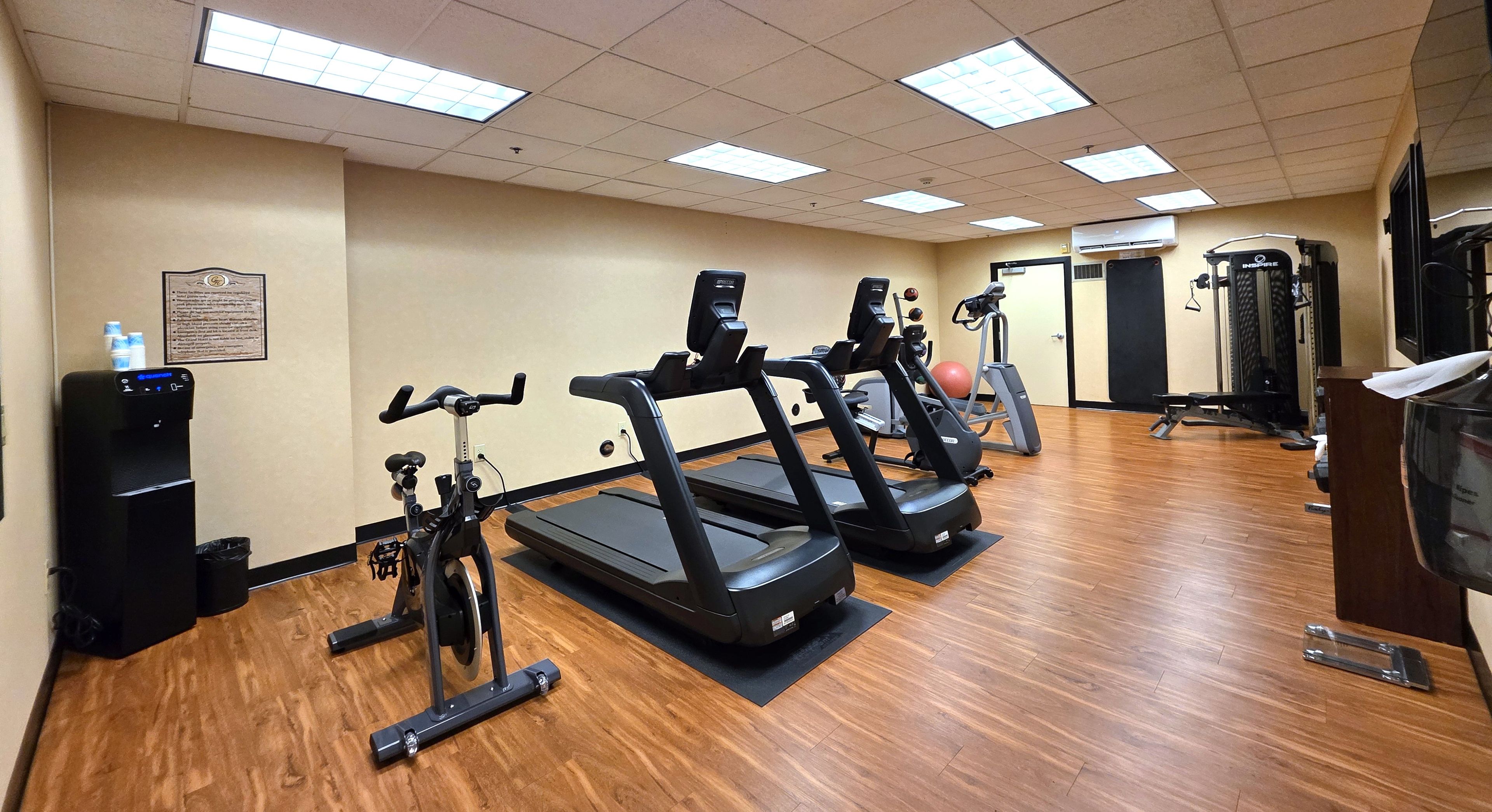 A gym with treadmills, a water dispenser, and exercise balls.