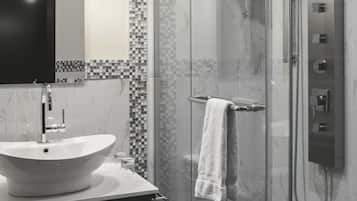 Shower, hydromassage showerhead, designer toiletries, hair dryer