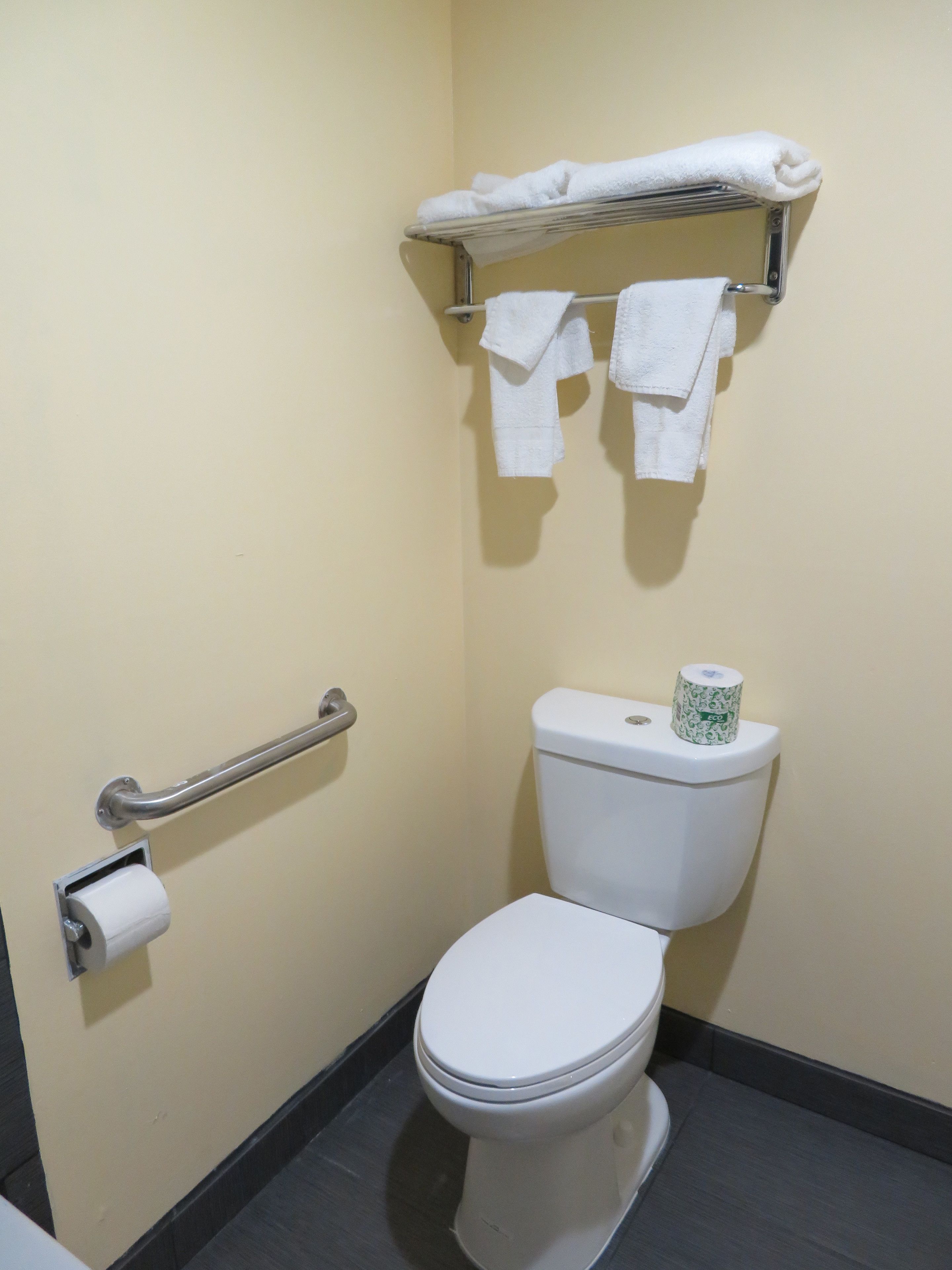 Un bagno piccolo e pulito con il water, un portascopino, un portarasciugamani con due asciugamani e una barra di sostegno.
