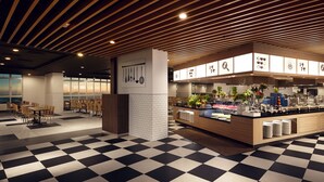 A modern restaurant with a checkered floor, wooden ceiling, and a buffet counter with various food items and decorations. - Resorts World Genting - First World Hotel (Genting Highlands)