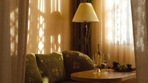 A cozy room with a green patterned sofa, a round table with a lamp, a bottle, and a glass, and a bowl of grapes. - Hotel Orphey Bansko (Bansko)