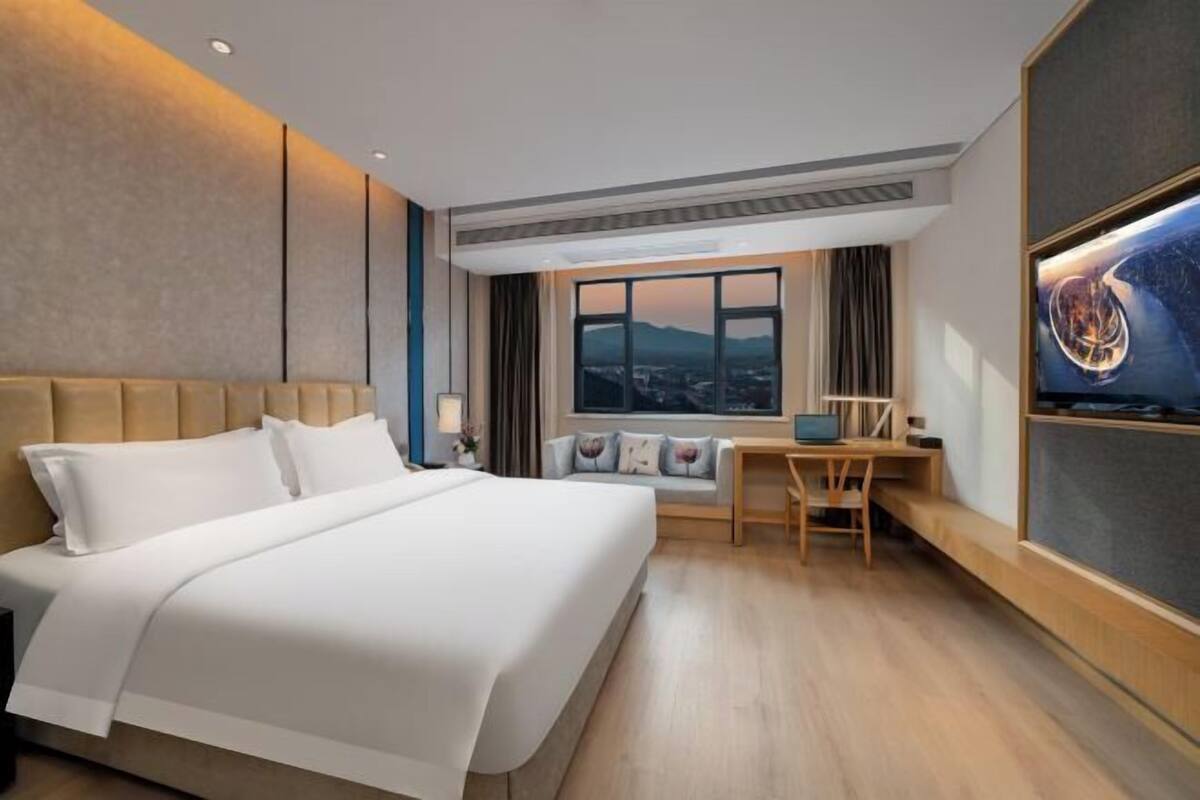 A hotel room with a large bed, a desk, a chair, a TV, and a window with a view of the city.