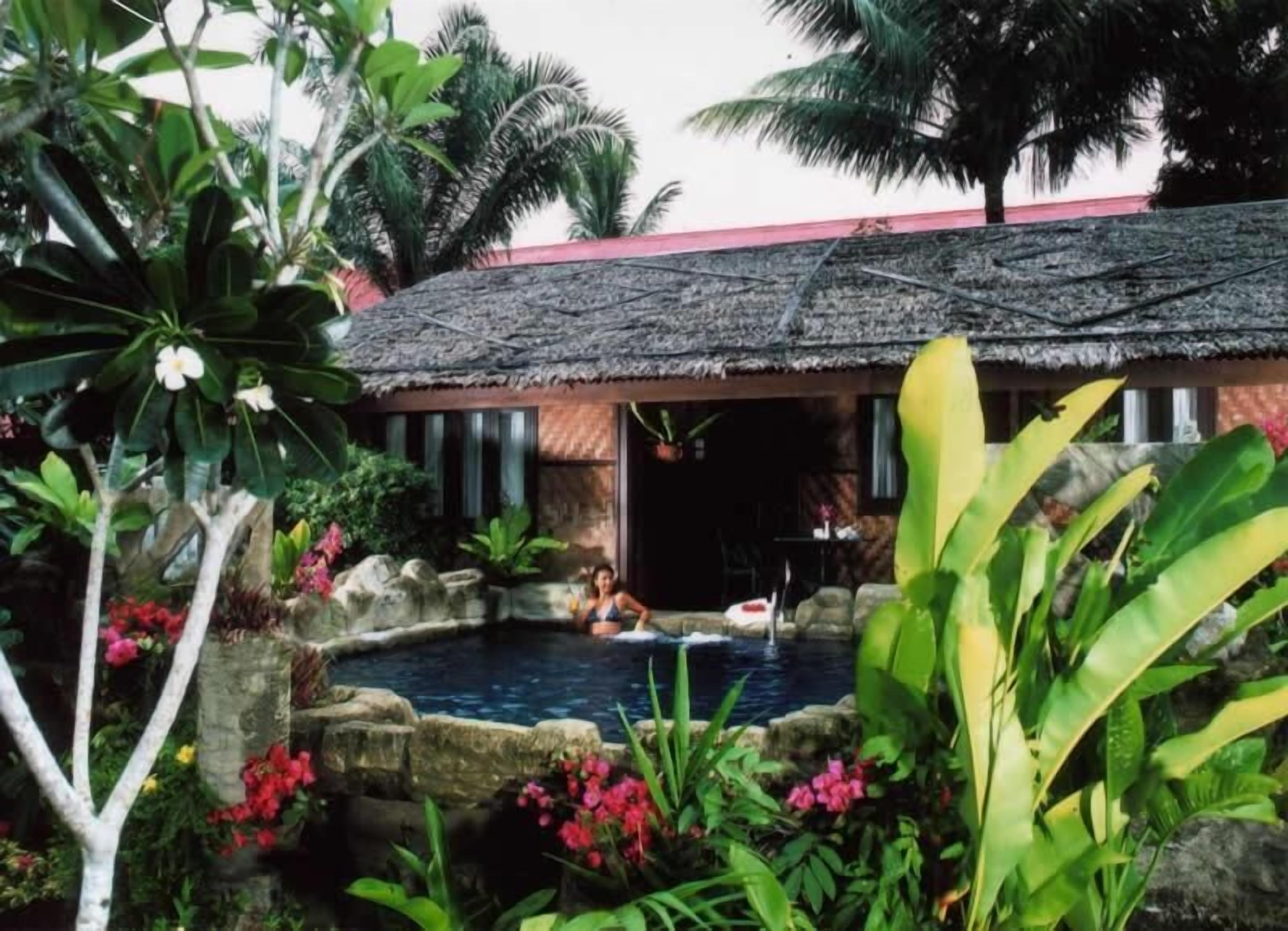 A tropical resort with a thatched-roof building, a swimming pool, and lush greenery.