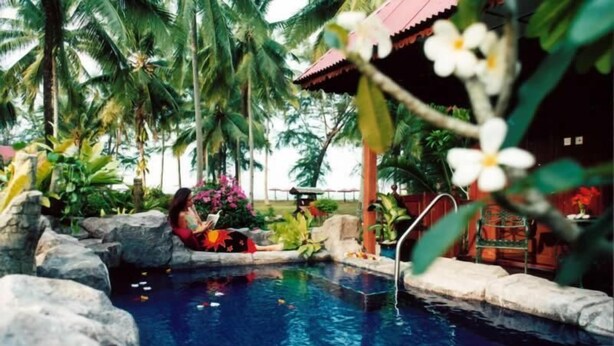 A pool area with a person relaxing on a rock, surrounded by palm trees and a small building. - Lavilla By Holiday Villa Cherating (Cherating)