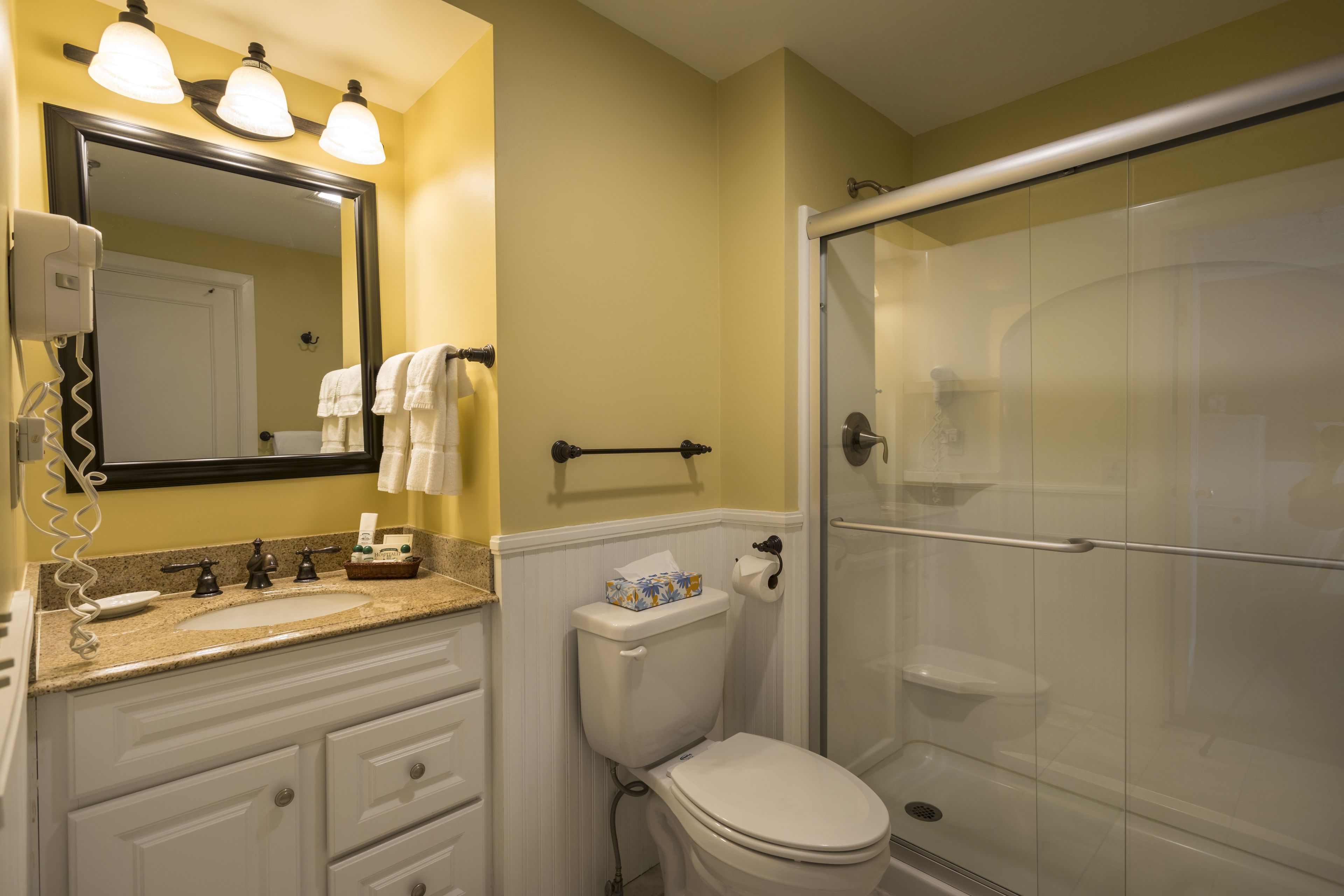 free toiletries, hair dryer, towels