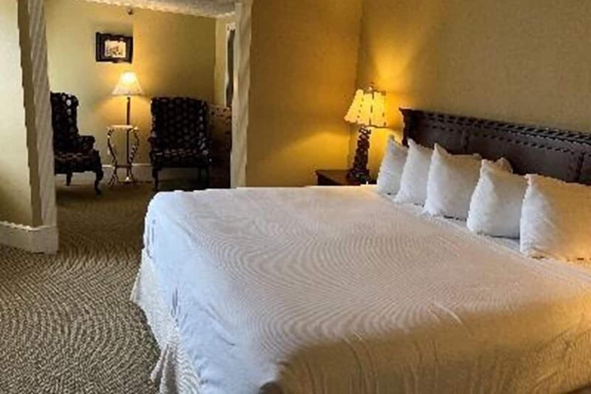 A hotel room with a large bed, a nightstand with a lamp, and a chair in the corner.