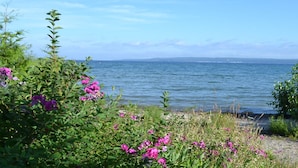 A coastal view with a clear sky, a body of water, and dense vegetation. - Bay View Inn (Petoskey)