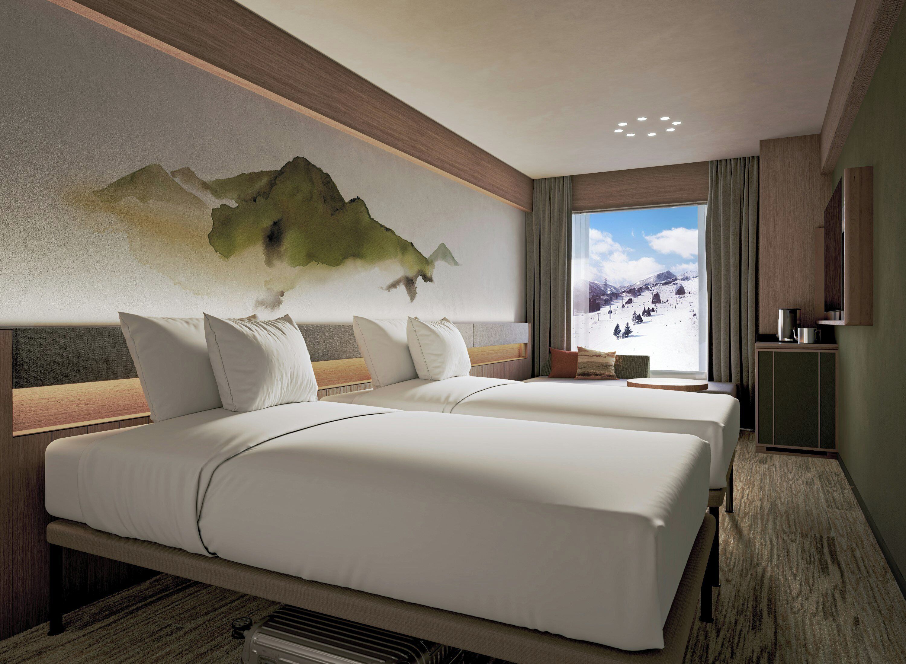 A hotel room with two beds, a large window with a mountain view, a wall-mounted artwork, and a small table with a coffee maker.