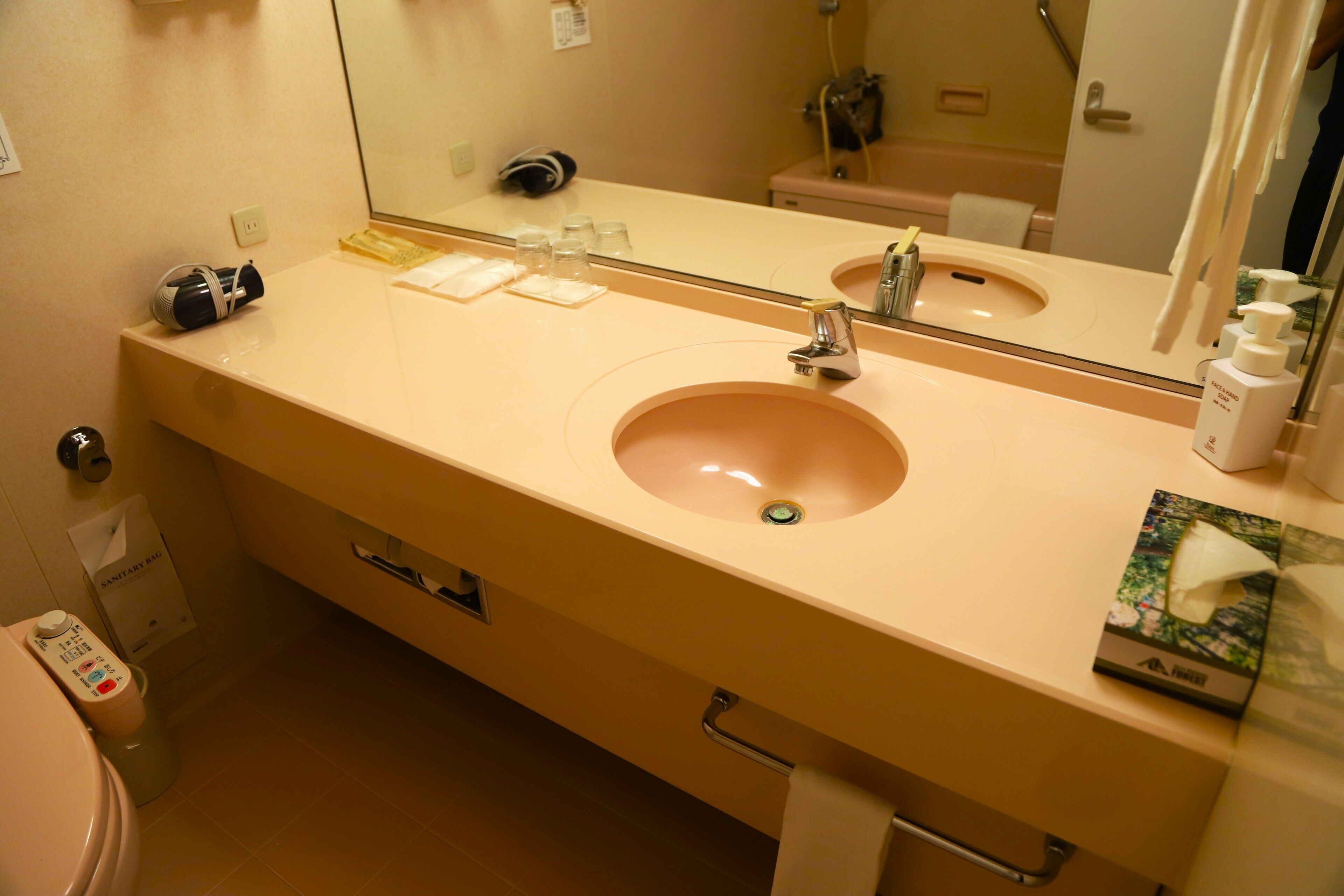 A bathroom with a beige sink, mirror, and a towel rack.