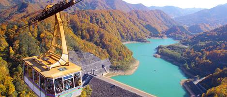 Sistema de teleférico con vista a un lago y montañas boscosas.