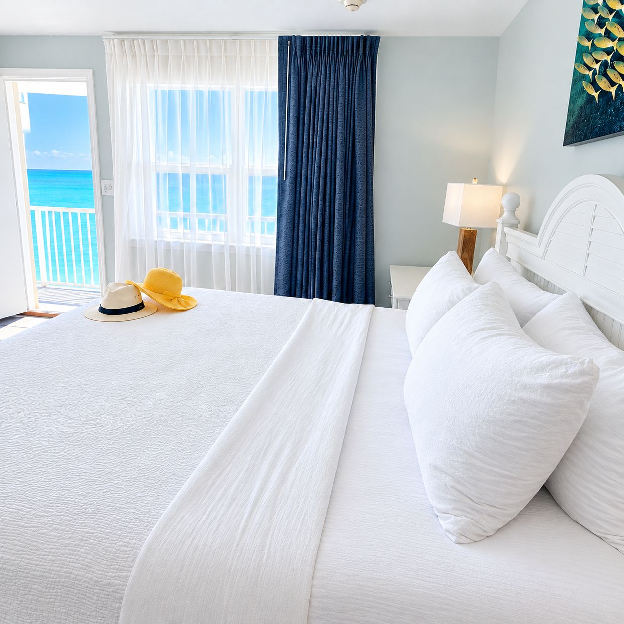 A hotel room with a bed, a nightstand, a lamp, a painting, and a view of the ocean.