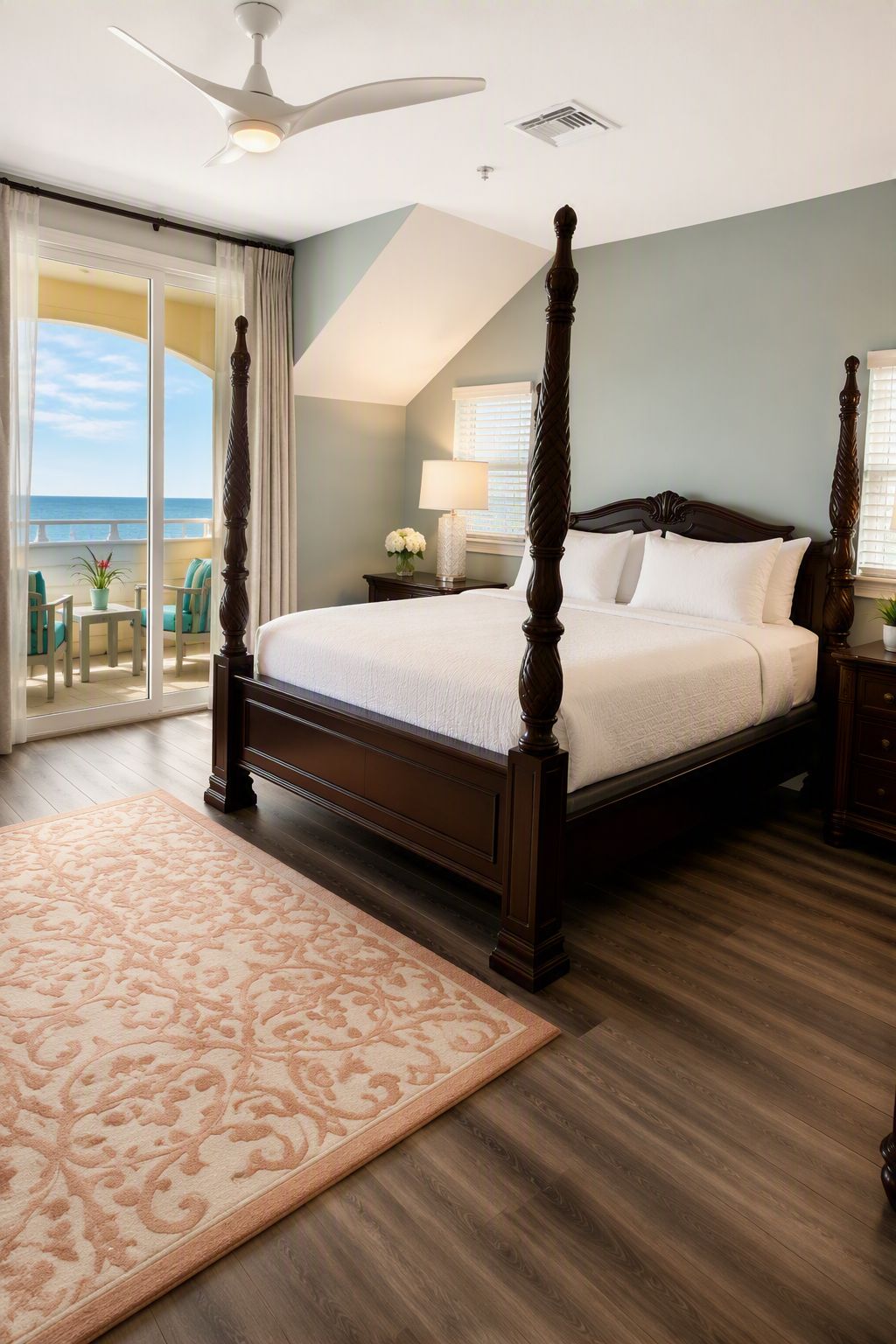 A four-poster bed in a room with a balcony, a ceiling fan, and a nightstand with a lamp.