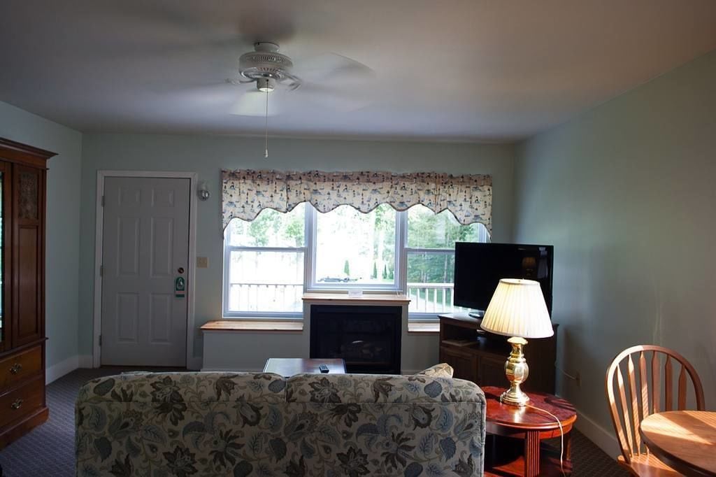 A living room with a sofa, a television, a lamp, a fireplace, and a window with a view of trees.