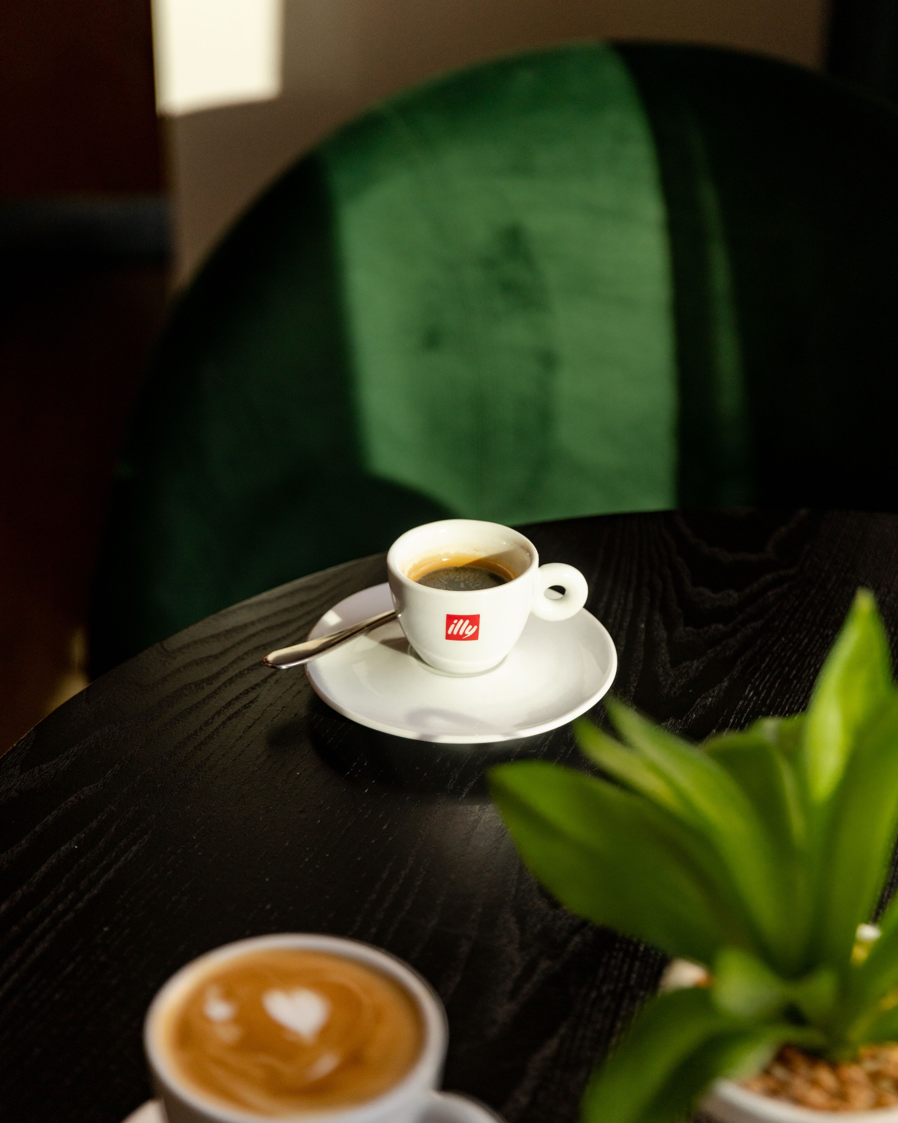 A cup of coffee on a saucer with a spoon, a cup of latte with a heart design, and a green plant on a table.