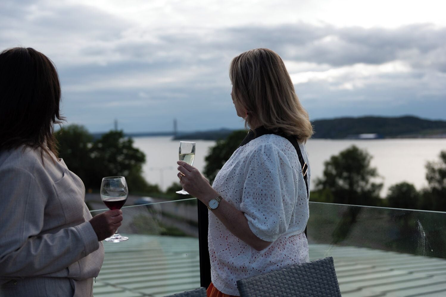Two people standing by a glass railing overlooking a body of water with a bridge in the distance.
