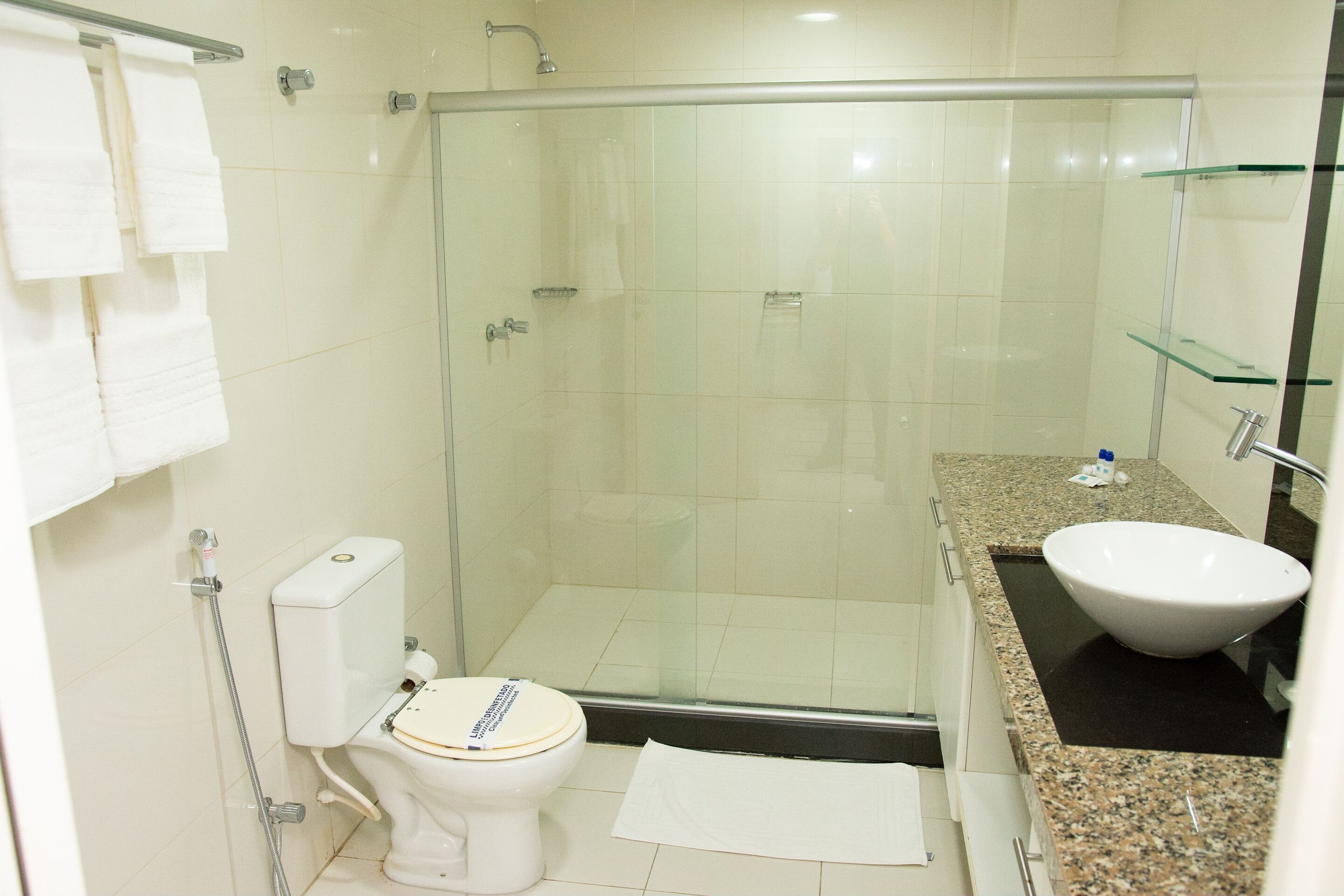 A bathroom with a glass-enclosed shower, a toilet, and a sink with a glass shelf.