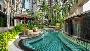 Outdoor pool, open 6:00 AM to 7:00 PM, pool umbrellas, pool loungers