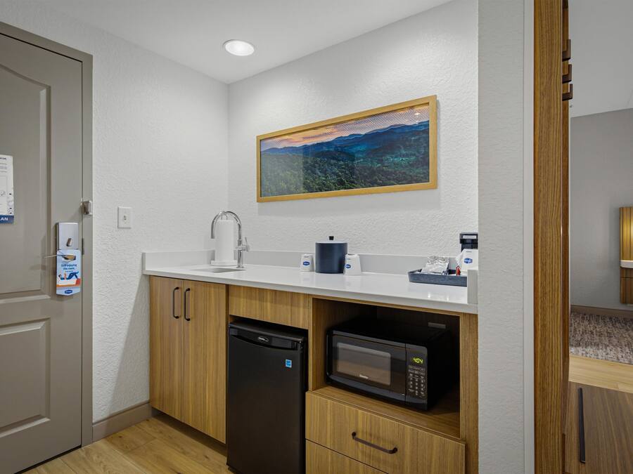 A compact kitchen with a microwave, dishwasher, and a sink.