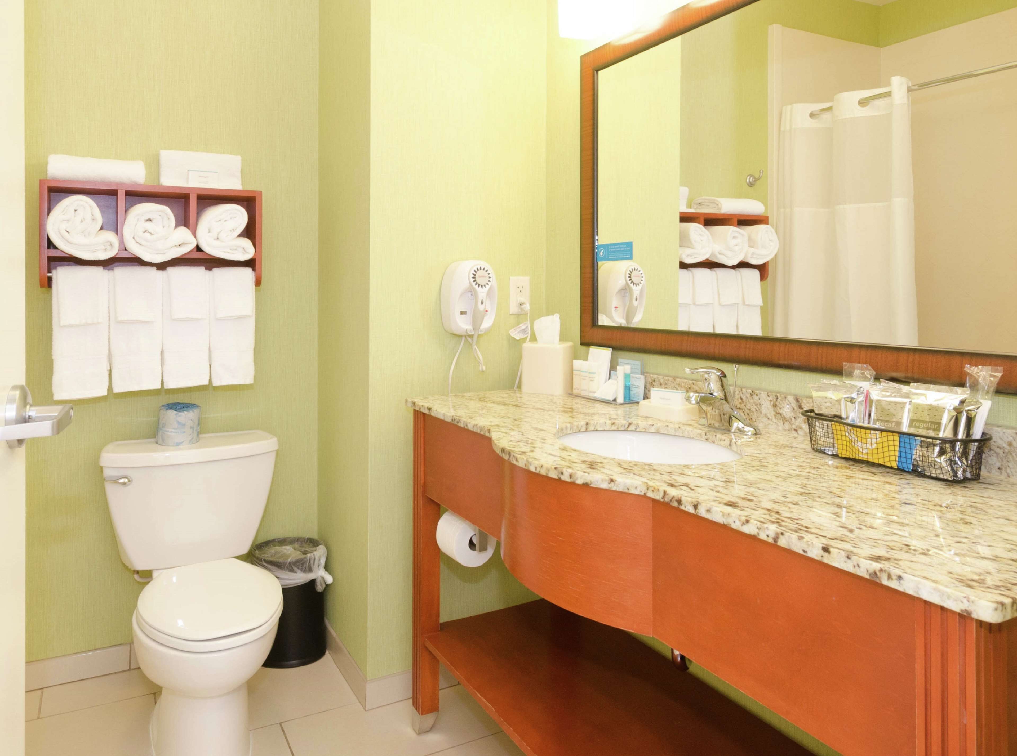 free toiletries, hair dryer, towels