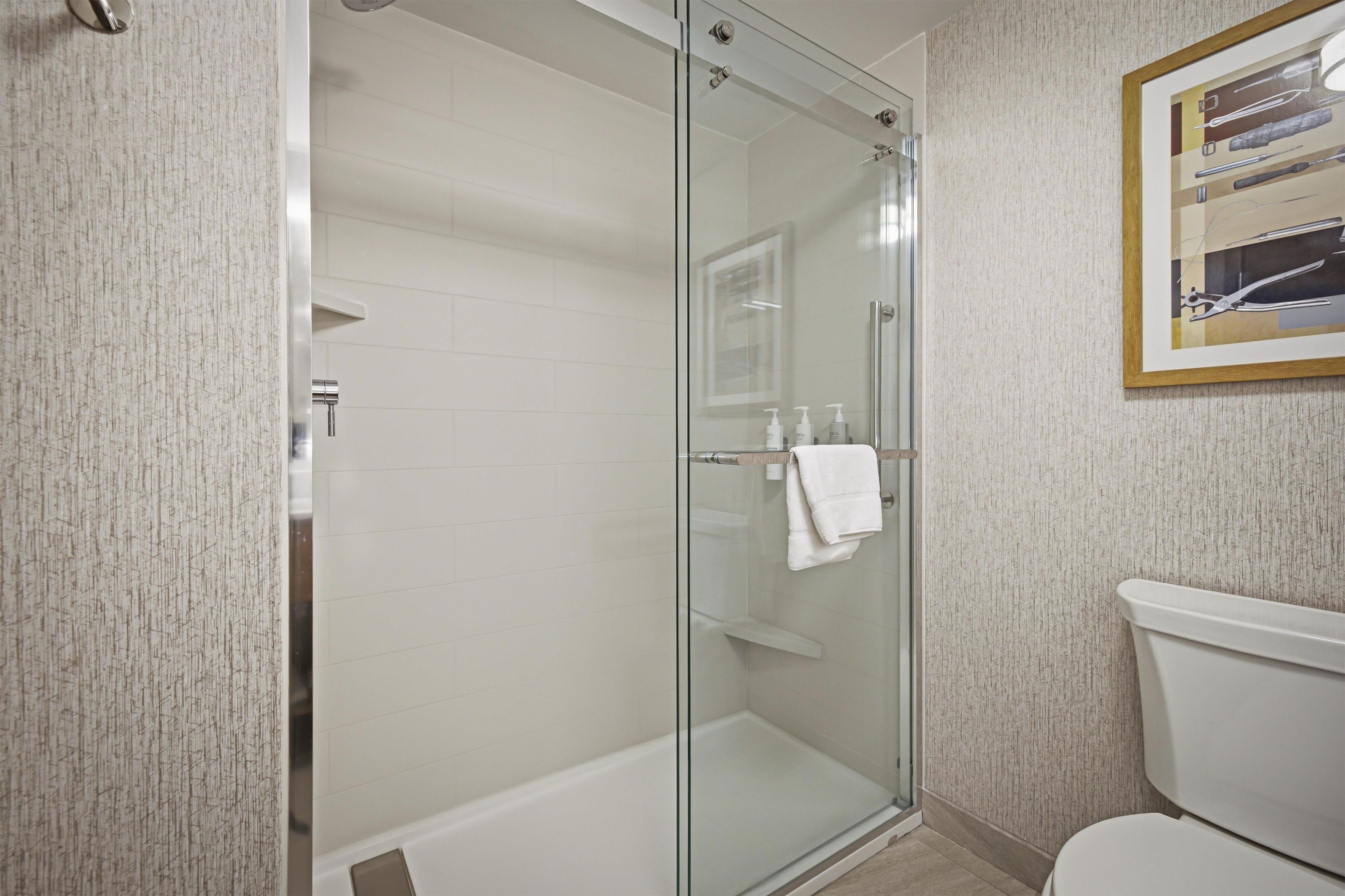 A modern bathroom with a glass-enclosed shower, a toilet, and a framed picture on the wall.