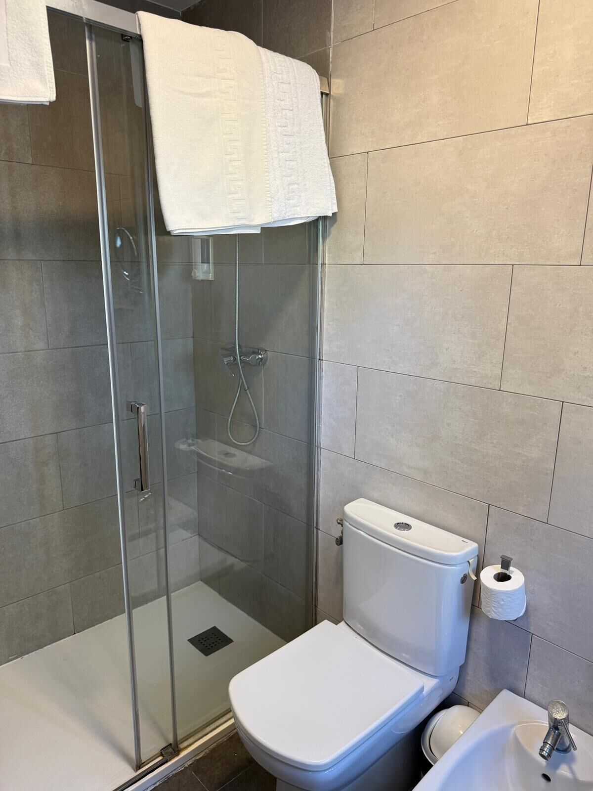 A modern bathroom with a glass shower enclosure, a white toilet, and a sink.