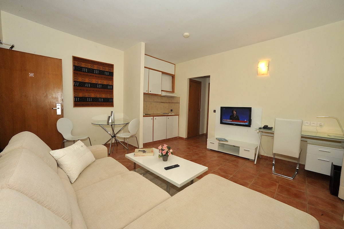 A living room with a sofa, a coffee table with a remote control, a TV, and a dining area with chairs and a table.